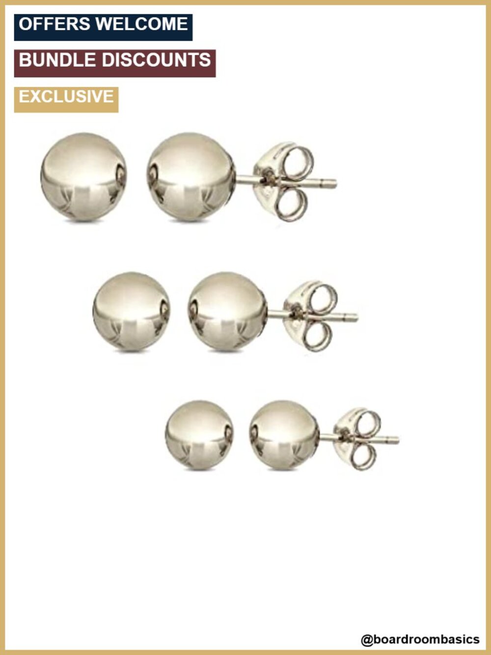 14K Solid Gold Ball Stud Earrings 3-Pair Set 3MM 4MM 5MM Push Back